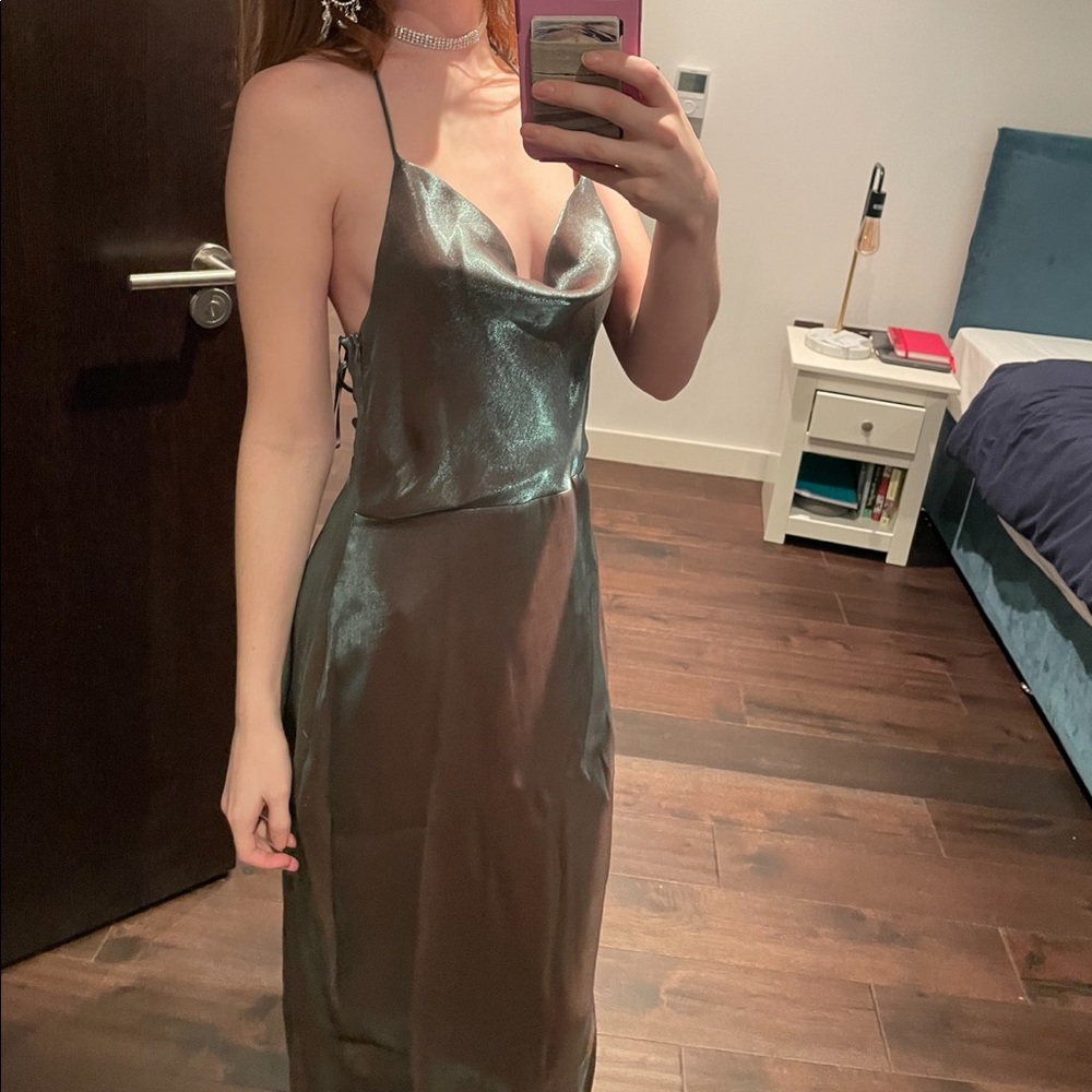 ZARA Silver Metallic Back Laced Slip Dress - Picture 13 of 15